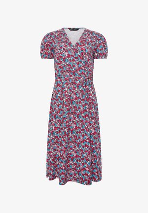 Vestido midi cruzado con estampado floral en rojo, azul, rosa y blanco, mangas cortas abullonadas, escote en V y cinturón para atar a la cintura.