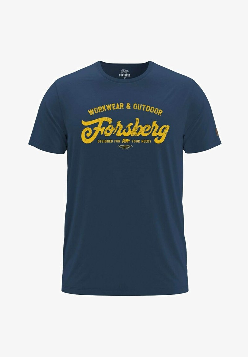 Navy blue cotton T-shirt featuring yellow text, "WORKWEAR & OUTDOOR Forsberg," with a round neckline and short sleeves.
