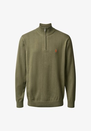 Olivno zelena dolga pulover s dolgimi rokavi, z rebrastimi manšetami in robom, ovratnik s četrtim zadrgo ter majhnim oranžnim vezenim logotipom na prsih.