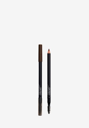 Crayon à sourcils avec un capuchon marron ; une extrémité présente une pointe de crayon taillée, l'autre est équipée d'un outil de brossage. Les deux sont noirs avec un texte blanc.