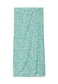 Groene stof met een wit verspreid stippenpatroon, rechthoekige vorm, lichtgewicht textuur, geschikt voor verschillende mode-toepassingen.