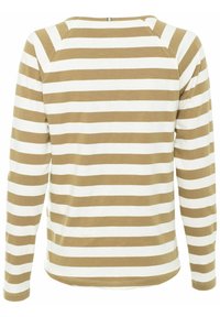Chemise à manches longues avec col rond, rayée horizontalement en beige et blanc, vue de dos.