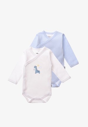 Two long-sleeve bodysuits: one white with dinosaur graphic and sun, one light blue striped. Soft cotton fabric with snap closures.