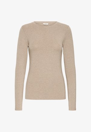 Beige long-sleeve crew neck fitted sweater with a soft, smooth texture and simple design.