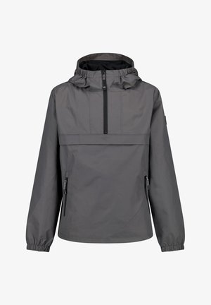 Grijze waterdichte pullover jas met capuchon, halve rits aan de voorkant, elastische manchetten en twee met rits afsluitbare zijzakken, ontworpen voor gebruik buitenshuis.