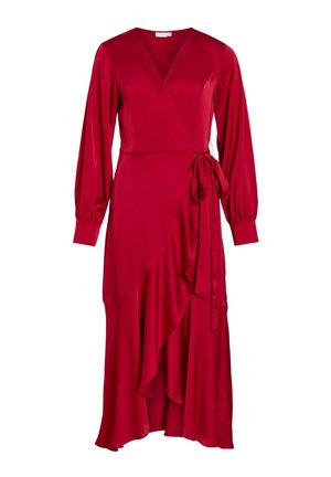 Raudona satino suknelė su ilgomis pūstomis rankovėmis, V formos iškirpte, šonine surišama juosta ir asimetriniu raukšlėtu kraštu.