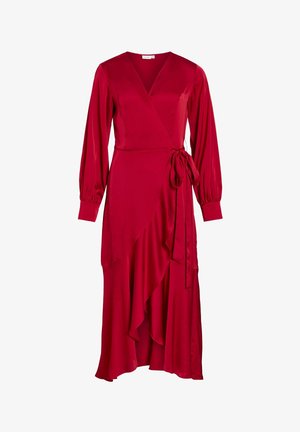 Rode satijnen wikkeljurk met lange opgeblazen mouwen, V-hals, zijstrik en asymmetrische gerimpelde zoom.