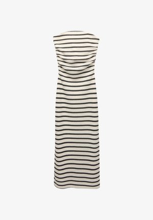 Strapless dress featuring horizontal black and white stripes, textured fabric with a wavy pattern, and a flowing silhouette.