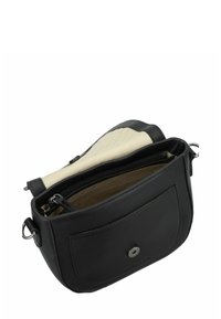 Schwarze Leder-Crossbody-Tasche mit einem Hauptfach mit Reißverschluss, cremefarbener Innenauskleidung und einer Fronttasche mit metallener Druckknopf-Verschluss.