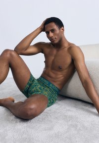 Πράσινα μπόξερ με σχέδιο και σκουρό πράσινη ζώνη μέσης με το λογότυπο "BJÖRN BORG". Λείο ύφασμα και εφαρμοστή σχεδίαση. Το μοντέλο κάθεται σε υφή γκρι επιφάνειας.