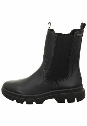 Bottine noire en cuir lisse avec des panneaux élastiques sur les côtés, une semelle en caoutchouc robuste et une languette pour un enfilage facile.