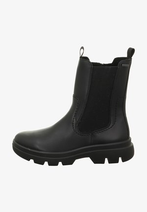 Schwarze Ankle Boots aus glattem Leder mit elastischen Seitenpaneelen, einer robusten Gummisohle und einer Zuglasche für einfaches An- und Ausziehen.