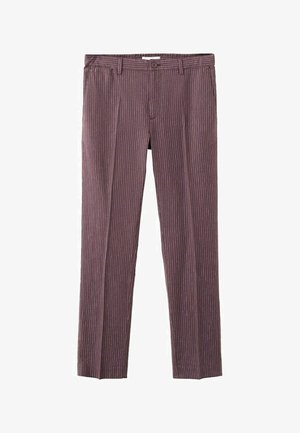 Braune maßgeschneiderte Hose mit dünnen vertikalen weißen Streifen, Knopfverschluss, Gürtelschlaufen und vorderen Bügelfalten.