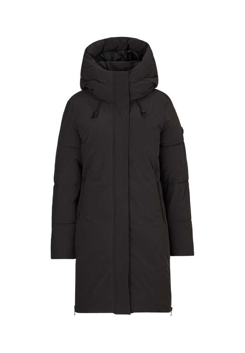 Zwarte gewatteerde jas met een hoge kraag en een grote capuchon. Voorzien van ritszakken aan de zijkanten en verstelbare trekkoorden. Textuurstof.