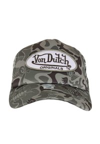 Pelēkas kamuflāžas beisbola cepure ar noapaļotu mali un izšūtu "Von Dutch ORIGINALS" uzlīmi priekšpusē. Tekstūras audums ar sarežģītiem rakstiem.