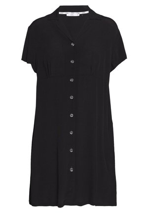 Schwarzes kurzärmeliges Kleid mit Knopfleiste, Kragen und lockerer Passform, mit neun Knöpfen vorn und dezentem Raffen unterhalb der Brust.