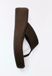 Brown suede platform sandal with wide strap and thick sole, shown from side on white background.