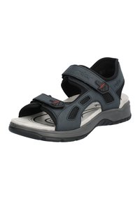 Svarta sandaler med justerbara kardborreband, ventilerande mesh-detaljer och en dämpad grå innersula. Tjock gummiyttersula för stöd.