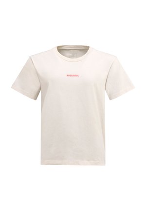 Cream-colored cotton t-shirt with short sleeves. Features a round neck and "ROSSIGNOL" logo in pink at the center front. Classic fit.