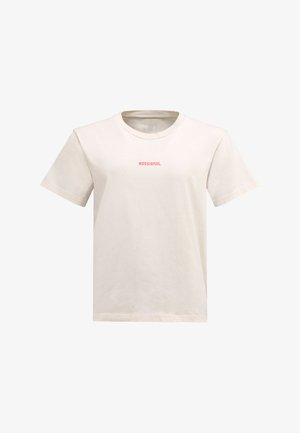 Cream-colored cotton t-shirt with short sleeves. Features a round neck and "ROSSIGNOL" logo in pink at the center front. Classic fit.