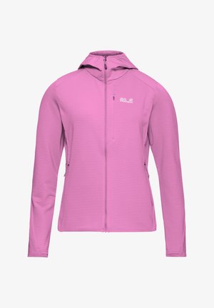 Roze jack met ritssluiting en capuchon, gemaakt van een getextureerd materiaal met verticale strepen, zijzakken en een logo op de bovenkant van de linkerzijde.