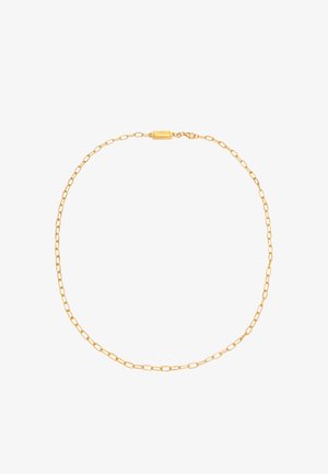 Collier en chaîne dorée avec des maillons ovales allongés, doté d'un fermoir sécurisé et d'une petite étiquette de marque. Fini métallique lisse.