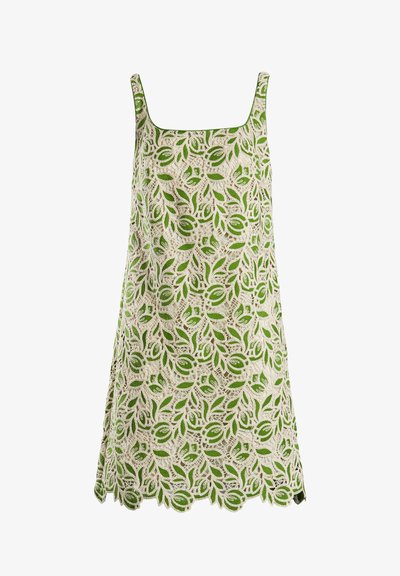 Rochie verde și crem din dantelă, cu decolteu pătrat, model floral și margine ondulată. Fabricată dintr-un material ușor, cu detalii complexe.