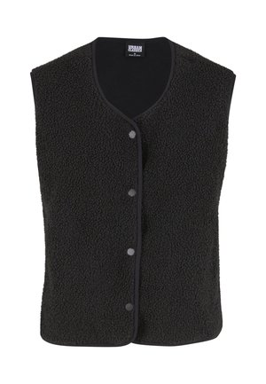 Gilet in pile nero senza maniche con bottoni a pressione lungo il centro e scollo arrotondato.