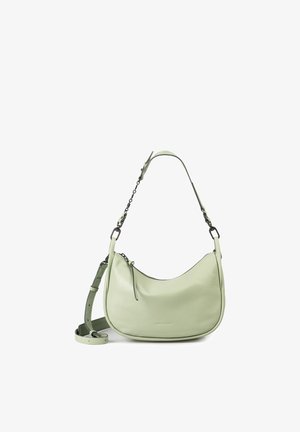 Light green leather shoulder bag with adjustable strap and chain detail, zip closure, and curved rectangular shape on white background.