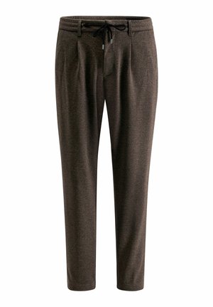 Braune, taillierte Hosen aus weichem Stoff, mit einem Kordelzugbund, seitlichen Taschen und dezentem Muster.