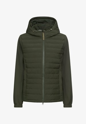 Doudoune vert olive avec fermeture éclair à l'avant et capuche, présentant une texture matelassée sur le haut du corps et un tissu lisse sur les manches.