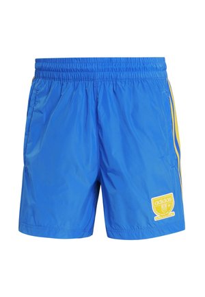 Blauwe sportshorts met een elastische tailleband, gele zijkanten en een geborduurd Adidas-logo aan de voorkant. Lichtgewicht, gladde textuur.