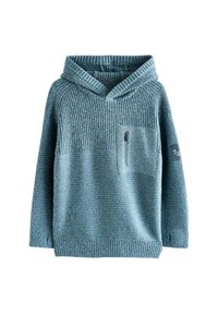 Blauer gestrickter Kapuzenpullover mit gerippter Textur, ausgestattet mit einer Fronttasche mit Reißverschluss und einem Band am Ärmel mit Text. Lässiges Design.