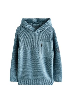 Sininen neulottu huppari, jossa on ribbikuvio, edessä vetoketjullinen tasku ja hihassa tekstiä sisältävä nauha. Rentoa muotoilua.