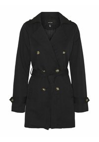 Gabardina negra de doble botonadura con cinturón, con cuello con muesca y detalles de botones en las mangas, confeccionada en una tela suave.