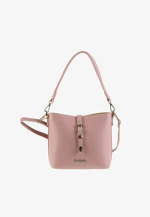Sac en cuir rose au design structuré, avec une bandoulière réglable et un détail de boucle décoratif à l'avant. Accents en métal doré.
