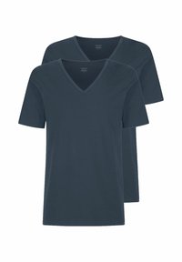 Due magliette a V di colore blu scuro, realizzate in cotone morbido, con maniche corte e orli finiti. Nessun motivo o dettaglio aggiuntivo presente.