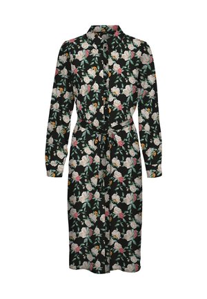 Schwarzes Hemdblusenkleid mit langen Ärmeln, weißem, rosa und gelbem Blumenmuster, durchgehender Knopfleiste, Kragen und passendem Stoffgürtel in der Taille.