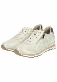 Lyse beige sneakers med en tekstureret overdel, mesh-paneler og en side-lynlås. Har snørebåndslukning og en hvid gummisål.