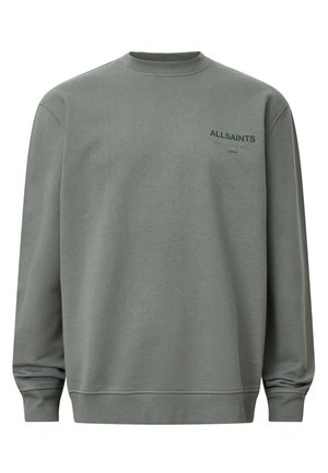 Grün-grauer Pullover mit Rundhalsausschnitt, langen Ärmeln, gerippten Bündchen und kleinem "ALLSAINTS"-Logo auf der Brust. Glattes Baumwollmaterial.