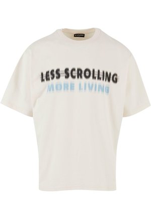 White cotton T-shirt with a crew neck, featuring the text "LESS SCROLLING" in bold black and "MORE LIVING" in gradient blue, relaxed fit.