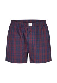 Pánské boxerky s elastickým pasem, vzorované tmavě modrými a červenými kostičkami, s jedním knoflíkem na předním klínu.