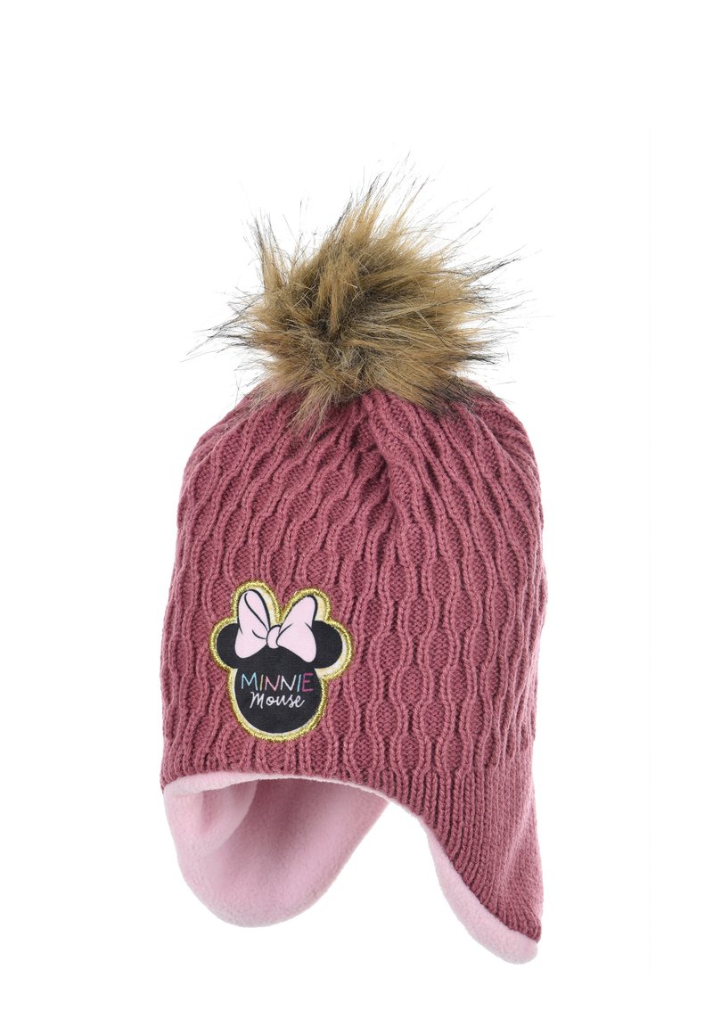 Beanie rosa lavorato a maglia con pom-pon in pelo, caratterizzato da una toppa di Minnie Mouse. La forma include alette per le orecchie; la fodera interna è in morbido pile rosa.