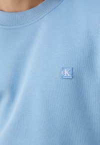 Ljusblå sweatshirt gjord av mjukt tyg med ribbad halsringning. Har en liten broderad CK-logga i en ljusare blå färg på vänster bröst.