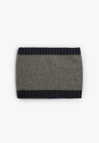 Cuello de lana tejido en verde oscuro y azul marino, con un borde de contraste acanalado. La textura parece suave con un patrón uniforme.