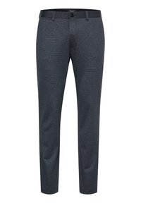 Maßgeschneiderte Hose aus dunkelgrauem Stoff mit dezentem Fischgrätmuster, ausgestattet mit einem Knopfverschluss und geradem Bein.
