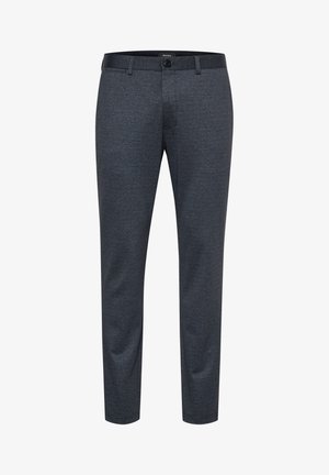 Tumed hallid kohandatud püksid õhukese herringbone mustriga, varustatud nupulukuga ja sirge säärega lõikega.