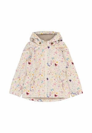 Let jakke i cremefarve med et blomstermønster i lyserød, blå og lilla. Har hætte, lynlås foran og snøre i taljen.