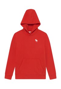 Rode hoodie met lange mouwen, een voorzak en een klein wit elandenlogo op de linkerborst.