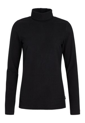 Schwarzer gerippter Rollkragenpullover mit langen Ärmeln, der aus einem strukturierten Stoff besteht und einen gewellten Saum entlang des Kragens und der Bündchen aufweist.